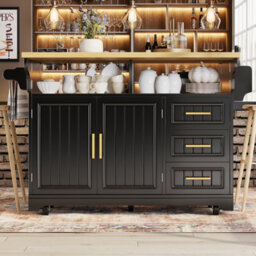 Btm Kitchen Island With Dining Table Extension Rolling Buffet Sideboard Vertical Groove Cabinets Drawer Storage Fold Out Tabletop - thumbnail 3