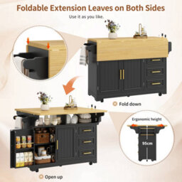 Btm Kitchen Island With Dining Table Extension Rolling Buffet Sideboard Vertical Groove Cabinets Drawer Storage Fold Out Tabletop - thumbnail 7