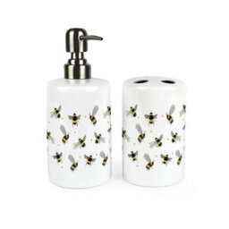 Purely Home Scattered Bees Bathroom Set - Refillable Ceramic Soap Dispenser & Toothbrush Holder - thumbnail 1