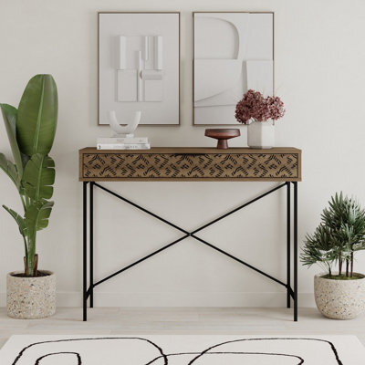 Decortie Modern Heaton Console 1-Drawer Storage Sideboard Elegant Metal Legs 110(W)Cm Dark Oak Effect - image 1