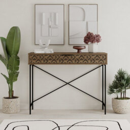 Decortie Modern Heaton Console 1-Drawer Storage Sideboard Elegant Metal Legs 110(W)Cm Dark Oak Effect - thumbnail 1