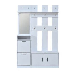 Abrihome 120X30X180Cm Modern White Hallway Set, Freestanding Coat Rack Shoe Cabinet With Mirror, 6 Hooks & Bench, Entryway Hall Tree - thumbnail 7