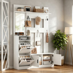 Abrihome 120X30X180Cm Modern White Hallway Set, Freestanding Coat Rack Shoe Cabinet With Mirror, 6 Hooks & Bench, Entryway Hall Tree - thumbnail 9
