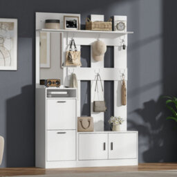 Abrihome 120X30X180Cm Modern White Hallway Set, Freestanding Coat Rack Shoe Cabinet With Mirror, 6 Hooks & Bench, Entryway Hall Tree - thumbnail 8
