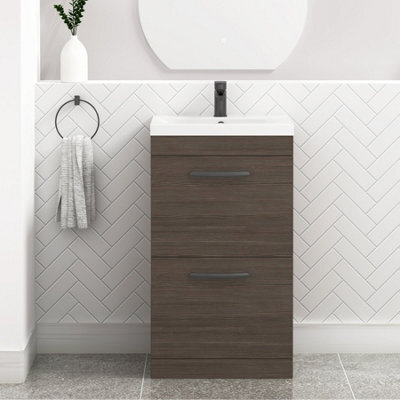 Royal Bathrooms Turin Grey Elm 500mm Floor Standing Vanity Unit 2 Drawer With Mid-Edge Basin Sink & Matt Black Handles - image 1