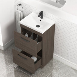 Royal Bathrooms Turin Grey Elm 500mm Floor Standing Vanity Unit 2 Drawer With Mid-Edge Basin Sink & Matt Black Handles - thumbnail 5