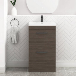 Royal Bathrooms Turin Grey Elm 500mm Floor Standing Vanity Unit 2 Drawer With Mid-Edge Basin Sink & Matt Black Handles - thumbnail 1