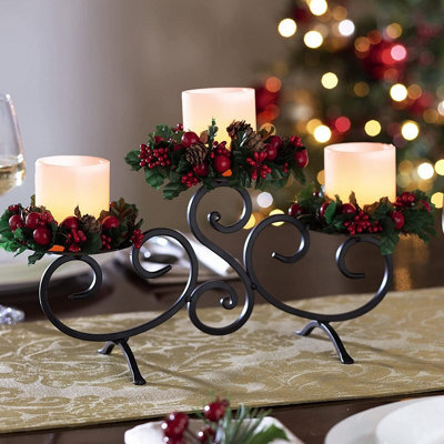 Small Festive Floral Candle Holder With Pinecone & Berry Decorations & Led Candles - Measures H15.5 X W32.5 X D12.5Cm - image 1