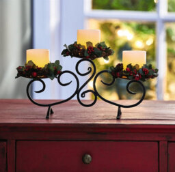 Small Festive Floral Candle Holder With Pinecone & Berry Decorations & Led Candles - Measures H15.5 X W32.5 X D12.5Cm - thumbnail 2