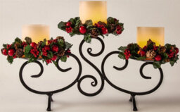 Small Festive Floral Candle Holder With Pinecone & Berry Decorations & Led Candles - Measures H15.5 X W32.5 X D12.5Cm - thumbnail 3