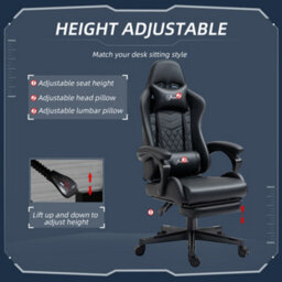 Viokef Vinsetto Racing Gaming Chair With Swivel Wheel, Footrest, Pu Leather Recliner Gamer Desk For Home Office, Black - thumbnail 4