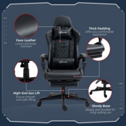 Viokef Vinsetto Racing Gaming Chair With Swivel Wheel, Footrest, Pu Leather Recliner Gamer Desk For Home Office, Black - thumbnail 7