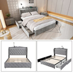 Upholstered Bed, 4Ft6 Double Bed 135X190Cm, With 4 Drawers And Lamp, 3 Usb Port+1 Type C, Multifunctional Bed, Velvet, Grey - thumbnail 3