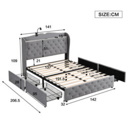 Upholstered Bed, 4Ft6 Double Bed 135X190Cm, With 4 Drawers And Lamp, 3 Usb Port+1 Type C, Multifunctional Bed, Velvet, Grey - thumbnail 2