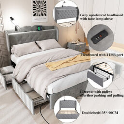 Upholstered Bed, 4Ft6 Double Bed 135X190Cm, With 4 Drawers And Lamp, 3 Usb Port+1 Type C, Multifunctional Bed, Velvet, Grey - thumbnail 4