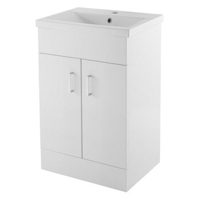 FNX Bathrooms Modern 500mm Gloss White Two-Door Soft-Close Vanity Unit & Ceramic Basin With Tap & Waste Set - image 1