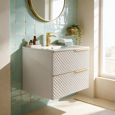 Bathroom City Elvia 600mm White & Gold Vanity Unit With Basin - Diamond Front Bathroom Furniture, 2 Soft-Close Drawers - Gold Handle - image 1