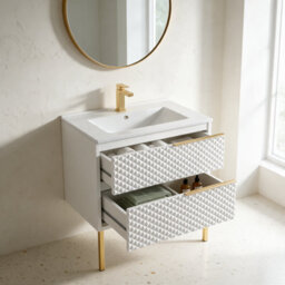 Bathroom City Elvia 600mm White & Gold Vanity Unit With Basin - Diamond Front Bathroom Furniture, 2 Soft-Close Drawers - Gold Handle - thumbnail 2