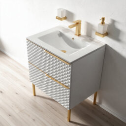Bathroom City Elvia 600mm White & Gold Vanity Unit With Basin - Diamond Front Bathroom Furniture, 2 Soft-Close Drawers - Gold Handle - thumbnail 3