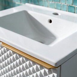 Bathroom City Elvia 600mm White & Gold Vanity Unit With Basin - Diamond Front Bathroom Furniture, 2 Soft-Close Drawers - Gold Handle - thumbnail 5