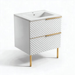 Bathroom City Elvia 600mm White & Gold Vanity Unit With Basin - Diamond Front Bathroom Furniture, 2 Soft-Close Drawers - Gold Handle - thumbnail 7