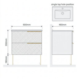 Bathroom City Elvia 600mm White & Gold Vanity Unit With Basin - Diamond Front Bathroom Furniture, 2 Soft-Close Drawers - Gold Handle - thumbnail 8