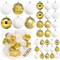 Pelle & Sol Christmas Bauble Set 36-Piece, Gold-White Shatterproof Glitter, Disco Ball & Swirl Ornaments For Christmas Tree