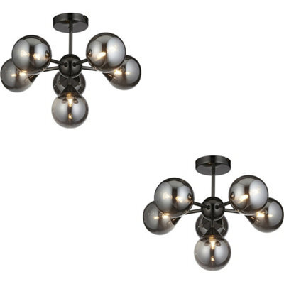 Loops 2 Pack Black Chrome Semi Flush Low Ceiling Light - Smoked Mirror Multi Arm Glass - 6 X 3W Led G9 - image 1