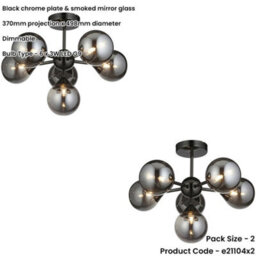 Loops 2 Pack Black Chrome Semi Flush Low Ceiling Light - Smoked Mirror Multi Arm Glass - 6 X 3W Led G9 - thumbnail 2