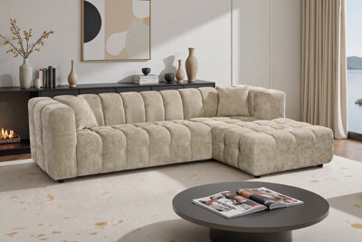 Large Tufted Chenille L Shaped Beige Corner Sofa Lugano With Right Hand Chaise - Room Delivery - image 1