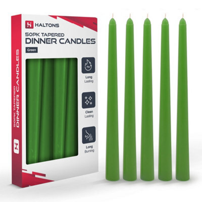 Haltons 50 Pack Tapered Dinner Candles  Unscented Long Candlesticks, 7 Hour Burn Time  Clean Burning (Green) - image 1