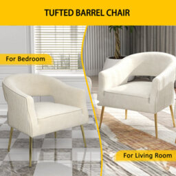 Seynar  Beige Velvet Striped Barrel Accent Chair, Upholstered Bucket Armchair For Living Room Or Office - thumbnail 4