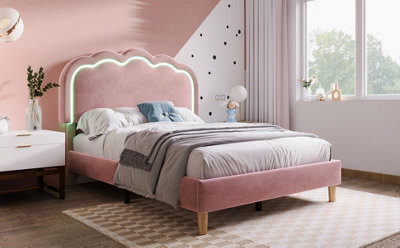 Upholstered Bed, 3Ft 90X190Cm Single Bed With Led,teen Bed For Bedroom And Guest Room, Pink, Velvet Material, Without Mattress. - image 1
