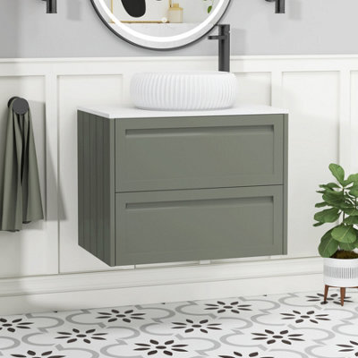 Royal Bathrooms Royal Bathroom Elmore 700mm Matt Green Wall Mounted Bathroom Vanity Unit 2 Drawer Plain White Worktop With Milan Basin - image 1
