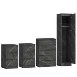 Zita 4Pc Grey Marble Effect Bedroom Set - 1-Door Wardrobe, Tall Chest & 2 Bedside Tables, Stylish Modern Storage Furniture - thumbnail 7