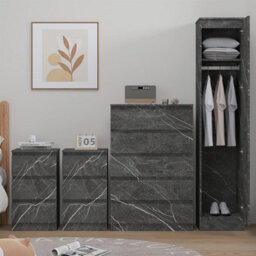 Zita 4Pc Grey Marble Effect Bedroom Set - 1-Door Wardrobe, Tall Chest & 2 Bedside Tables, Stylish Modern Storage Furniture - thumbnail 4