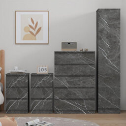 Zita 4Pc Grey Marble Effect Bedroom Set - 1-Door Wardrobe, Tall Chest & 2 Bedside Tables, Stylish Modern Storage Furniture - thumbnail 3