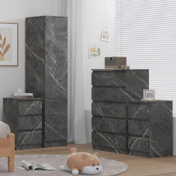 Zita 4Pc Grey Marble Effect Bedroom Set - 1-Door Wardrobe, Tall Chest & 2 Bedside Tables, Stylish Modern Storage Furniture - thumbnail 2