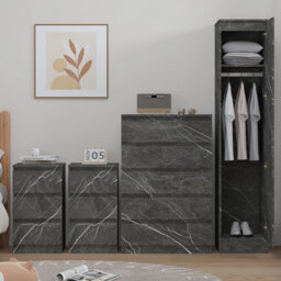 Zita 4Pc Grey Marble Effect Bedroom Set - 1-Door Wardrobe, Tall Chest & 2 Bedside Tables, Stylish Modern Storage Furniture