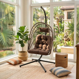 Living And Home Outdoor Indoor Swing Hanging Egg Chair With Cushion And Headrest, Grey Black - thumbnail 2