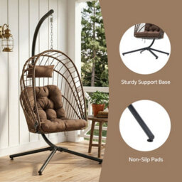 Living And Home Outdoor Indoor Swing Hanging Egg Chair With Cushion And Headrest, Grey Black - thumbnail 3