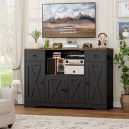 Black 120 Cm Sideboard, Kitchen Pantry Cupboard With Power Sockets - thumbnail 4
