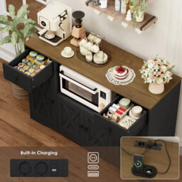 Black 120 Cm Sideboard, Kitchen Pantry Cupboard With Power Sockets - thumbnail 3