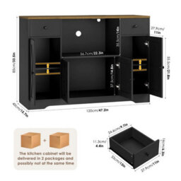 Black 120 Cm Sideboard, Kitchen Pantry Cupboard With Power Sockets - thumbnail 2