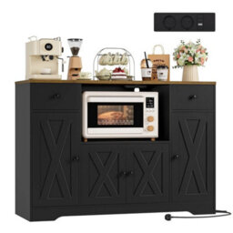 Black 120 Cm Sideboard, Kitchen Pantry Cupboard With Power Sockets - thumbnail 1
