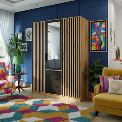 Modern 3 Door Wardrobe Balilux D3 150 Cm Wide With A One Mirror On The Doors And Stylish Strips Black With Oakwotan - image 1