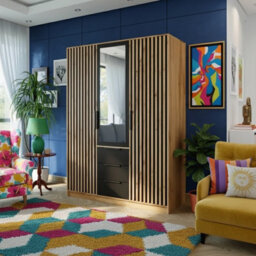 Modern 3 Door Wardrobe Balilux D3 150 Cm Wide With A One Mirror On The Doors And Stylish Strips Black With Oakwotan - thumbnail 1