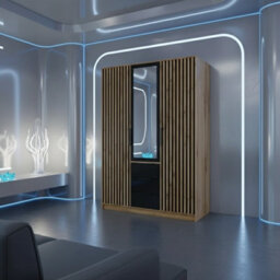 Modern 3 Door Wardrobe Balilux D3 150 Cm Wide With A One Mirror On The Doors And Stylish Strips Black With Oakwotan - thumbnail 2