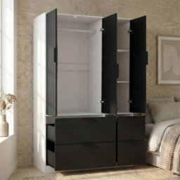 Urbn-Living Urbnliving 3 Door Wardrobe With 4 Drawers Wooden Bedroom Storage Cupboard With Hanging Rail For Clothes - White Unit & Black Doo - thumbnail 5