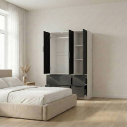 Urbn-Living Urbnliving 3 Door Wardrobe With 4 Drawers Wooden Bedroom Storage Cupboard With Hanging Rail For Clothes - White Unit & Black Doo - thumbnail 3